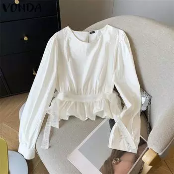 VONDA Women Autumn Round Neck Long Sleeve Lace Hem Blouses S белый