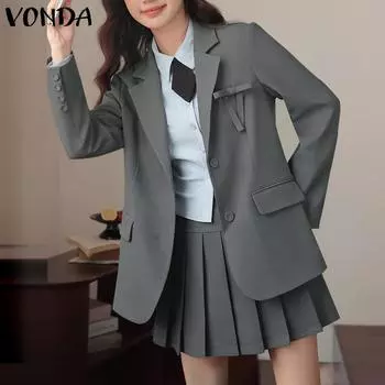 VONDA Women Autumn Solid Color Long Sleeve Blazer Pleated Skirt Sets S серый