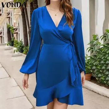 VONDA Women Autumn V-Neck Lantern Long Sleeve Solid Color Dress S зелёный