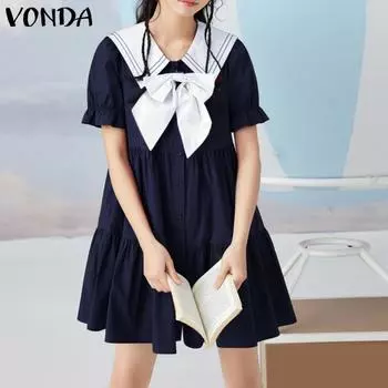 VONDA Women Bow Knot Naval Collar Puff Sleeve Ruffled Casual Loose Dress S белый