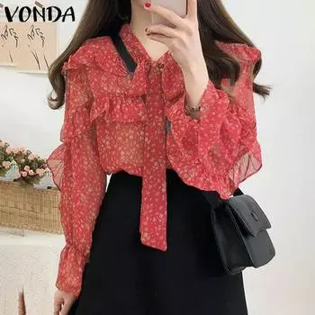 VONDA Women Bow Knot Neck Long Sleeve Ruffled Layers Print Semi-Sheer Blouse S оранжевый