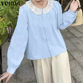 VONDA Women Casual Contrast Color Lace Round Neck Lantern Long Sleeve Blouses 2XL синий