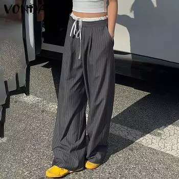 VONDA Женские повседневные брюки с эластичной резинкой на талии в полоску, широкие брюки S чёрный