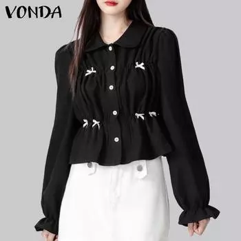 VONDA Women Casual Knotted Contrast Bubble Long Sleeve Shirts 2XL белый