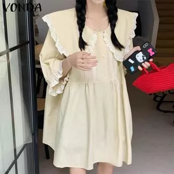 VONDA Women Casual Lace Lapel Long Sleeve Dresses 2XL розовый