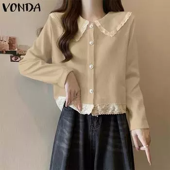 VONDA Women Casual Lace Lapel Long Sleeve Shirts M коричневый