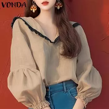 VONDA Women Casual Lace Lapel Long Sleeve Blouses S хаки