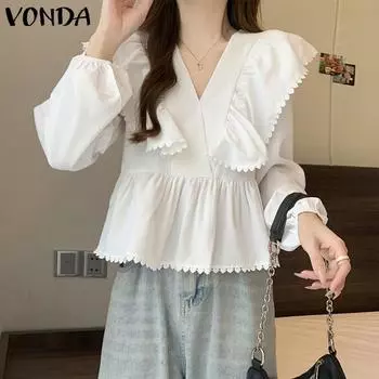 VONDA Women Casual Lace Lapel Solid Color Long Sleeve Blouses L белый