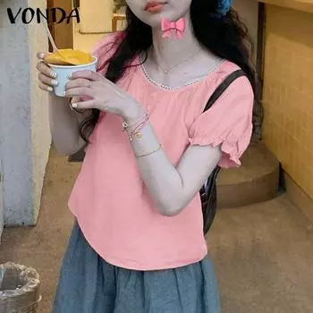 VONDA Women Casual Lace Round Neck Puff Short Sleeve Solid Color Loose Blouse