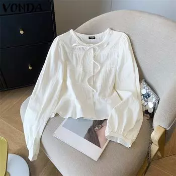 VONDA Women Casual Lace Round Neck Solid Color Tie Shirts XL белый