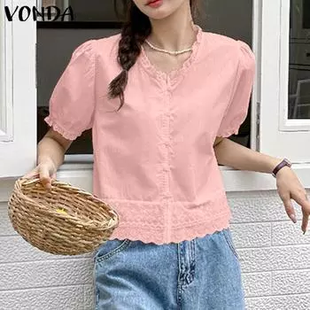 VONDA Women Casual Lace Stand Collar Puff Short Sleeve Blouses S жёлтый