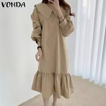VONDA Women Casual Lapel Long Sleeve Solid Color Dresses S коричневый