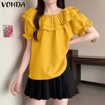 VONDA Женские повседневные многослойные блузки с оборками и круглым вырезом с коротким рукавом 4XL