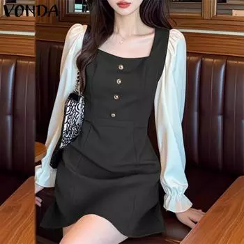 VONDA Women Casual Long Sleeve Square Neck Colorblock Dress S чёрный