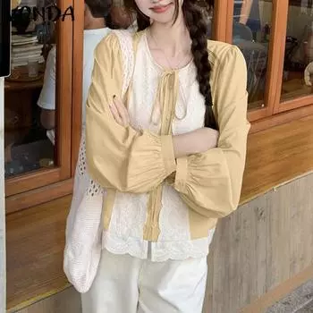 VONDA Women Casual Round Neck Colorblock Lantern Long Sleeve Blouses S хаки