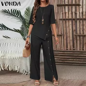 VONDA Женская повседневная рубашка с круглым вырезом и коротким рукавом, асимметричным подолом, прямые брюки, комплекты S чёрный