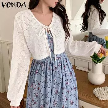 VONDA Women Casual Round Neck Long Sleeve Knitted Jackets M розовый