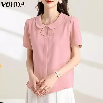 VONDA Женская повседневная однотонная свободная блузка с круглым вырезом и коротким рукавом 5XL жёлтый