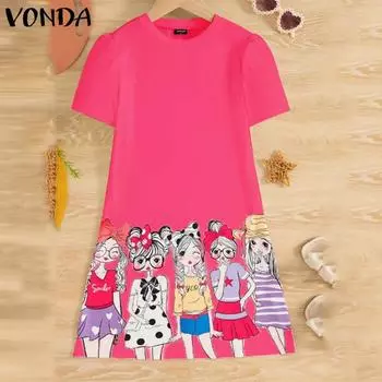 VONDA Women Casual Round Neck Puff Short Sleeve Printed Dresses 2XL жёлтый