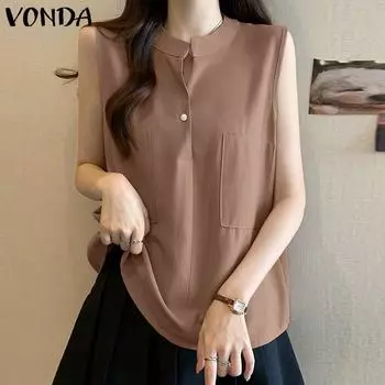 VONDA Women Casual Round Neck Sleeveless Solid Color Loose Pocket Tanks