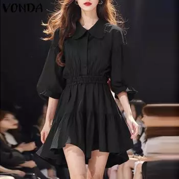 VONDA Women Casual Shirt Collar Puff 3/4 Sleeve Striped Dresses 2XL чёрный