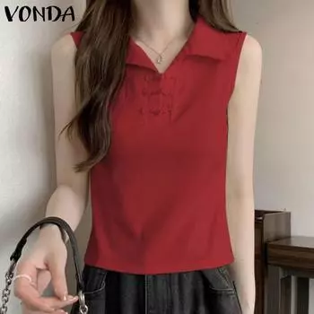 VONDA Women Casual Shirt Collar Sleeveless Solid Color Loose Blouses