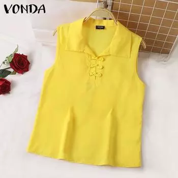 VONDA Women Casual Shirt Collar Sleeveless Solid Color Loose Blouses
