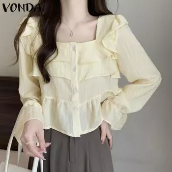VONDA Women Casual Square Neck Layered Long Sleeve Blouses 2XL бежевый