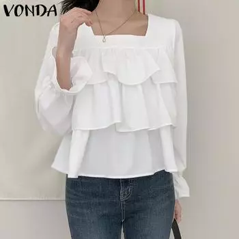 VONDA Женские повседневные блузки с квадратным вырезом и длинными рукавами с оборками S белый