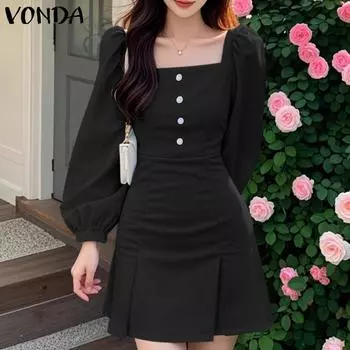 VONDA Women Casual Square Neck Puff Long Sleeve Solid Color Hip Dresses S синий