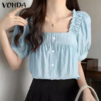 VONDA Женская повседневная однотонная свободная блузка с квадратным вырезом и оборками и короткими рукавами 5XL жёлтый