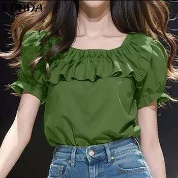VONDA Women Casual Square Neck Short Sleeve Ruffle Blouse