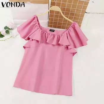 VONDA Женская повседневная блузка с квадратным вырезом и коротким рукавом с оборками 5XL розовый
