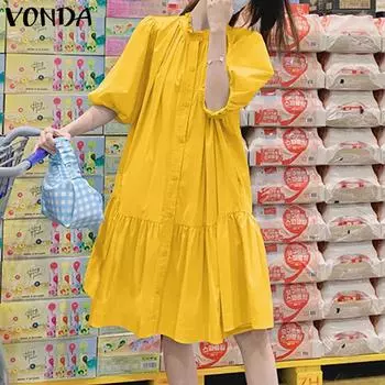 VONDA Женские повседневные платья-рубашки с воротником-стойкой и рукавами-фонариками средней длины XL жёлтый