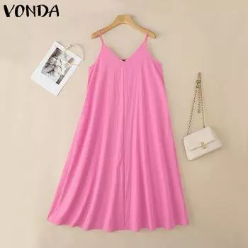 VONDA Women Casual Strap Sleeveless Ruffled Baggy Casual Swing Long Dress S