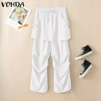 VONDA Women Elastic High Waist Layers Casual Long Cargo Harem Pants Trousers S