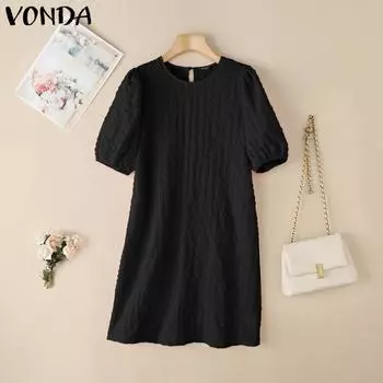 VONDA Women Elegant Puff Sleeve Texture Semi-Sheer Casual Mini Dress S чёрный