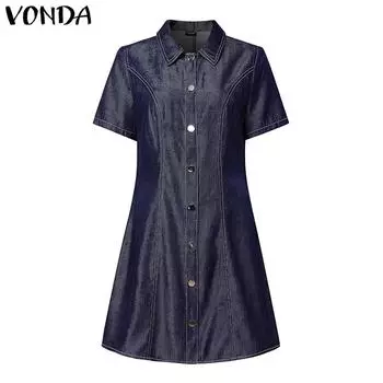 VONDA Women Elegant Short Sleeve Stitching Buttons Up Casual Mini Dress M