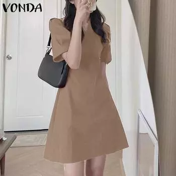 VONDA Women Elegant Summer V-Neck Short Sleeve A-Line Solid Color Loose Dress