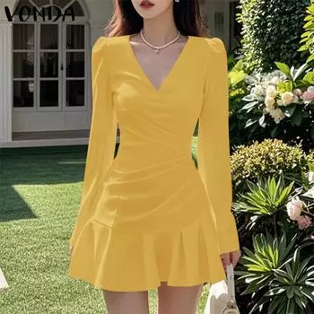 VONDA Women Elegant V-Neck Pleated Long Sleeve Ruffle Hem Dresses M чёрный