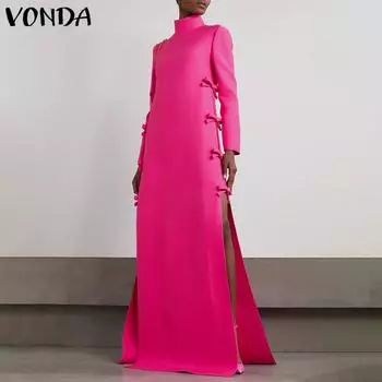 VONDA Женские модные платья с высоким воротом и длинными рукавами, с разрезом, завязанными декоративными узорами XL белый