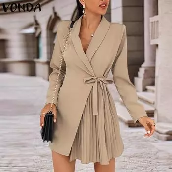 VONDA Женские модные однотонные платья с длинным рукавом и лацканами S чёрный