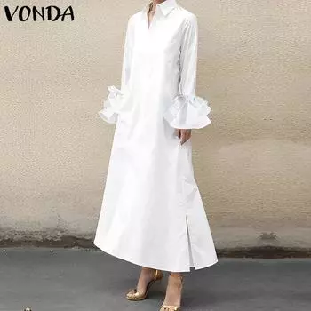 VONDA Женские модные однотонные платья-рубашки с длинным рукавом и оборками на лацканах 3XL белый