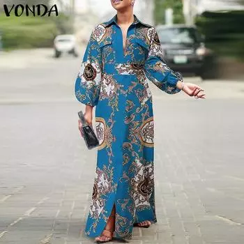 VONDA Женские модные платья с длинным рукавом и воротником-рубашкой с принтом S чёрный