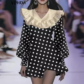 VONDA Women Fashion Ruffle V-Neck Long Sleeve Polka Dot Dresses S чёрный