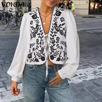 VONDA Женская мода V-образный вырез галстук длинный рукав принтованные рубашки S белый
