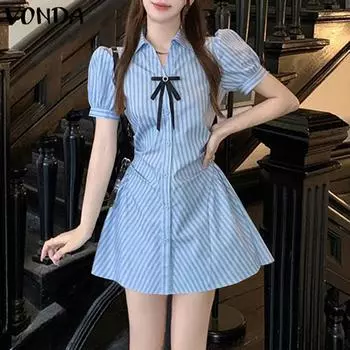 VONDA Women Girls Summer Short Sleeve Bow Knot Side Twisted Striped Dress S розовый