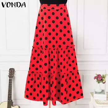 VONDA Women High Waist A Line Polka Dot Loose Ruffled Skirt