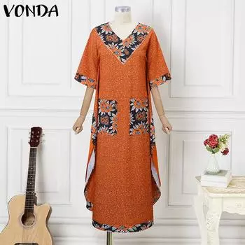 VONDA Женское свободное платье большого размера с круглым вырезом и заниженными плечами, короткими рукавами и карманами с принтом 4XL оранжевый