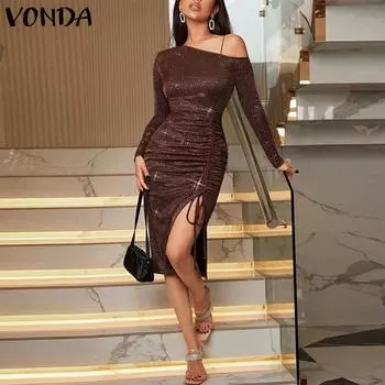 VONDA Women Off Shoulder Long Sleeve Slit Dresses S коричневый